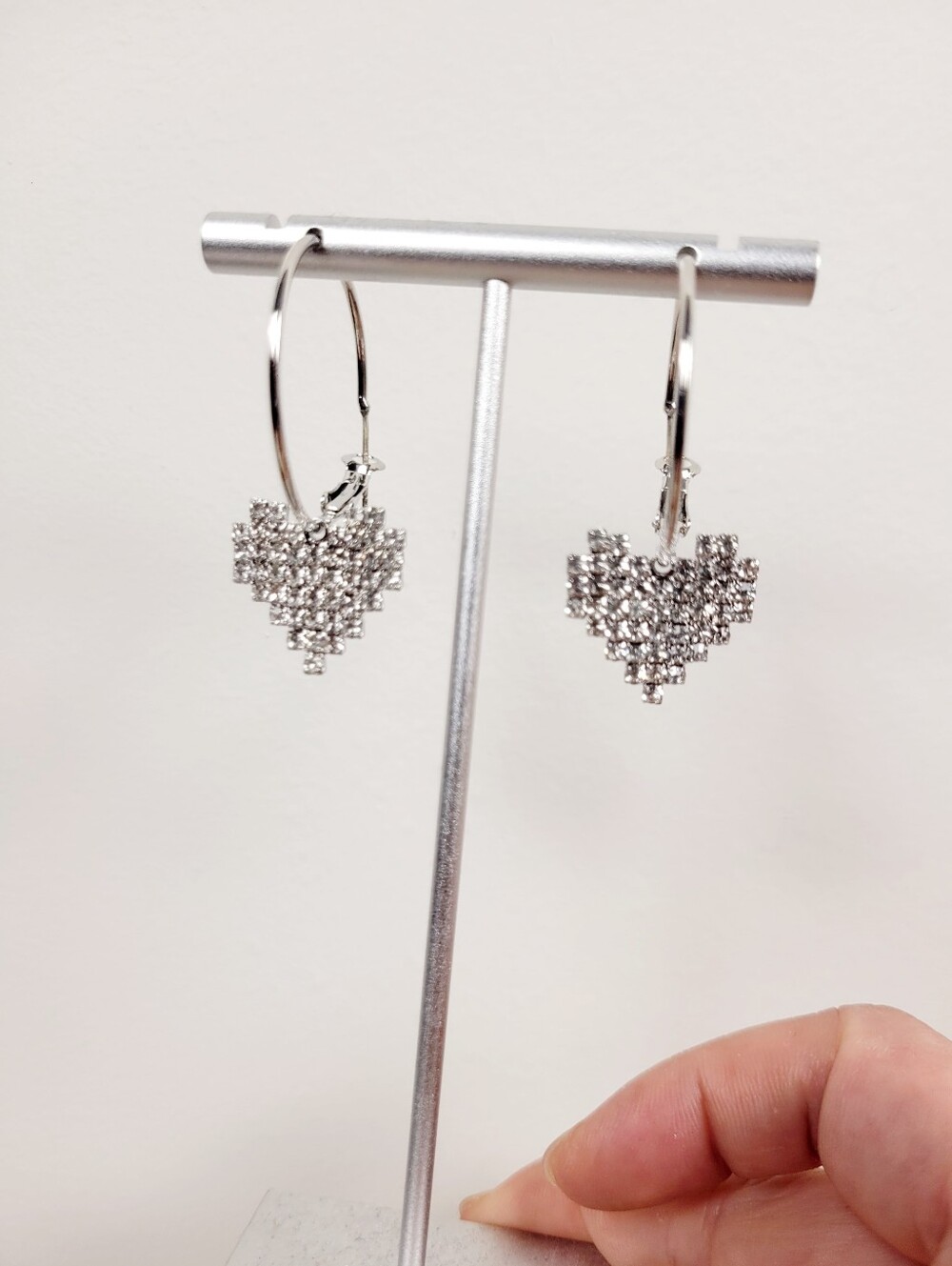 Brand New Silver Tone Heart Rhinestone Hoop Earrings